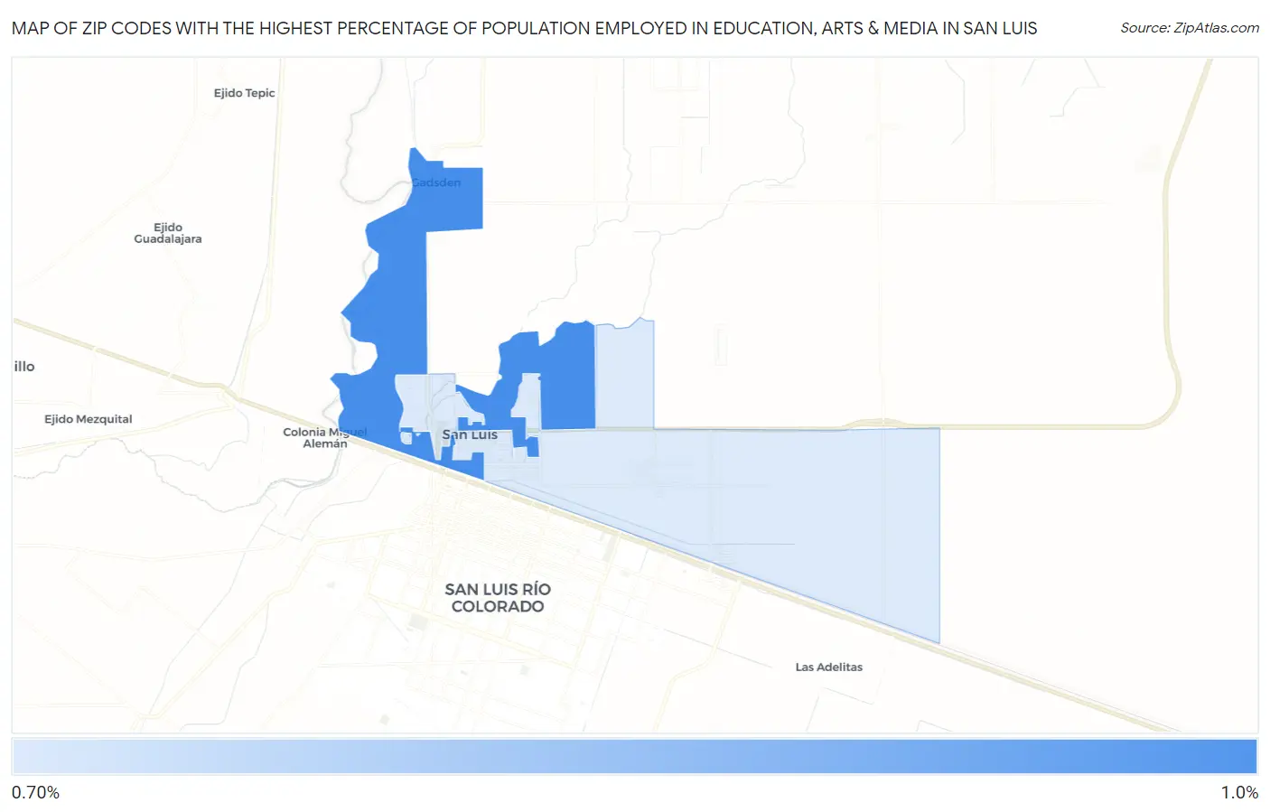 Zip Codes with the Highest Percentage of Population Employed in Education, Arts & Media in San Luis Map