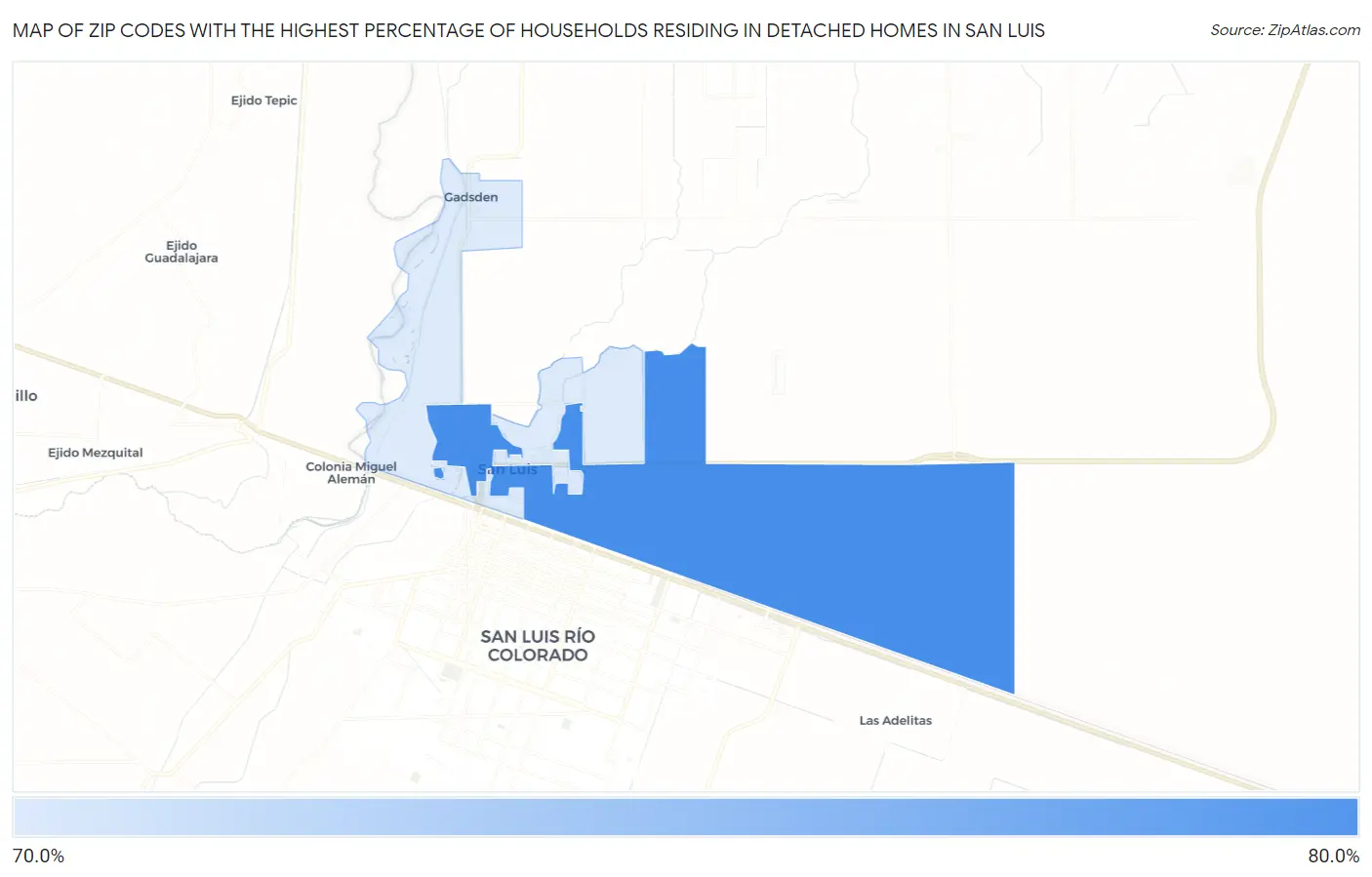 Zip Codes with the Highest Percentage of Households Residing in Detached Homes in San Luis Map