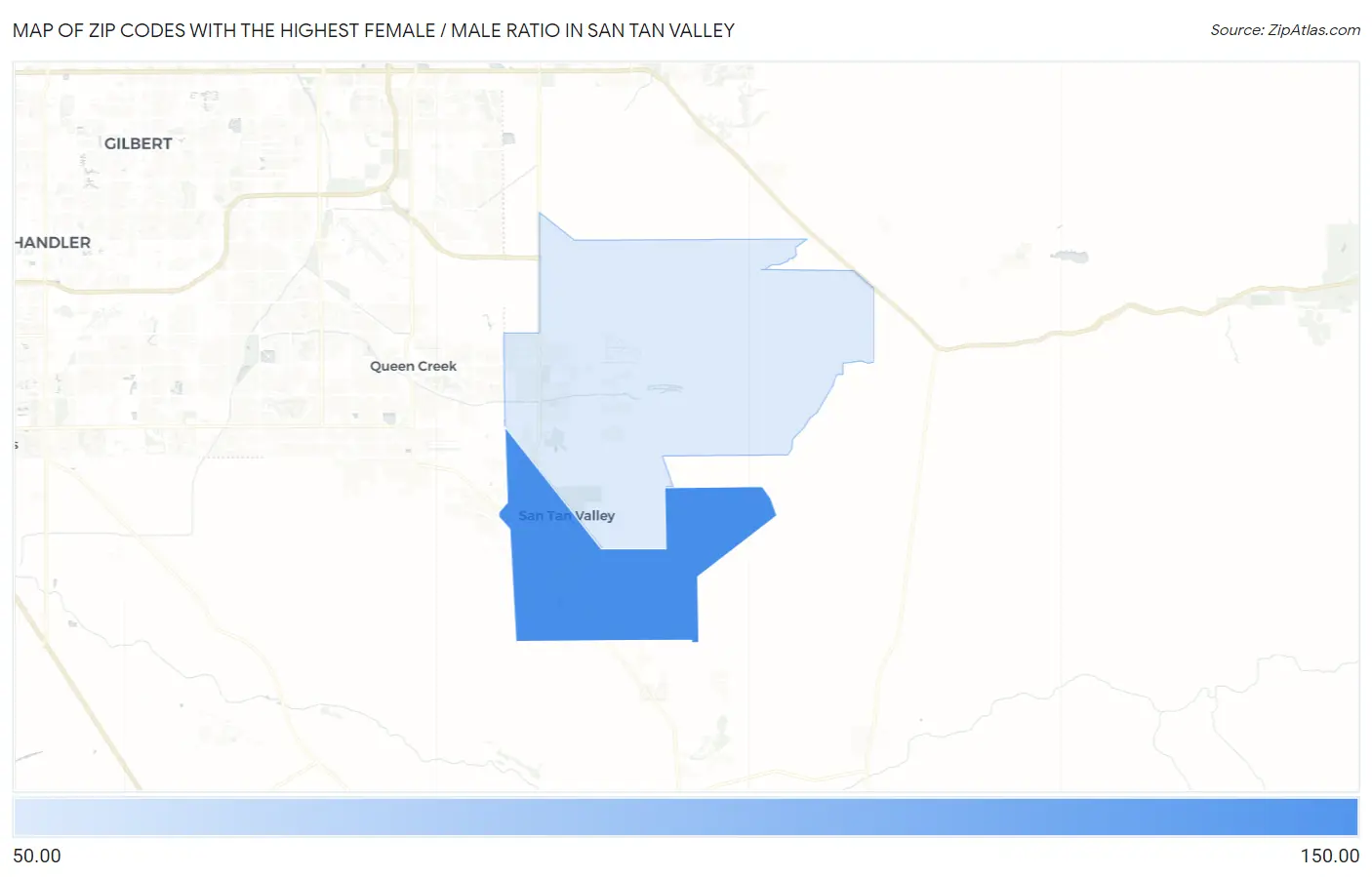 Zip Codes with the Highest Female / Male Ratio in San Tan Valley Map