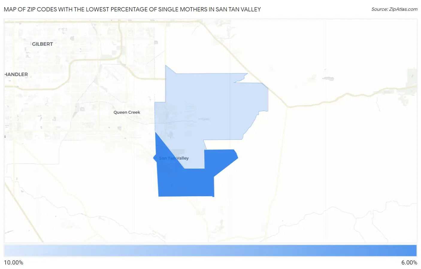 Zip Codes with the Lowest Percentage of Single Mothers in San Tan Valley Map
