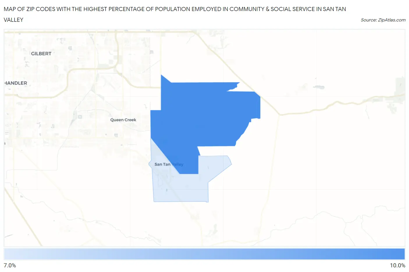 Zip Codes with the Highest Percentage of Population Employed in Community & Social Service  in San Tan Valley Map