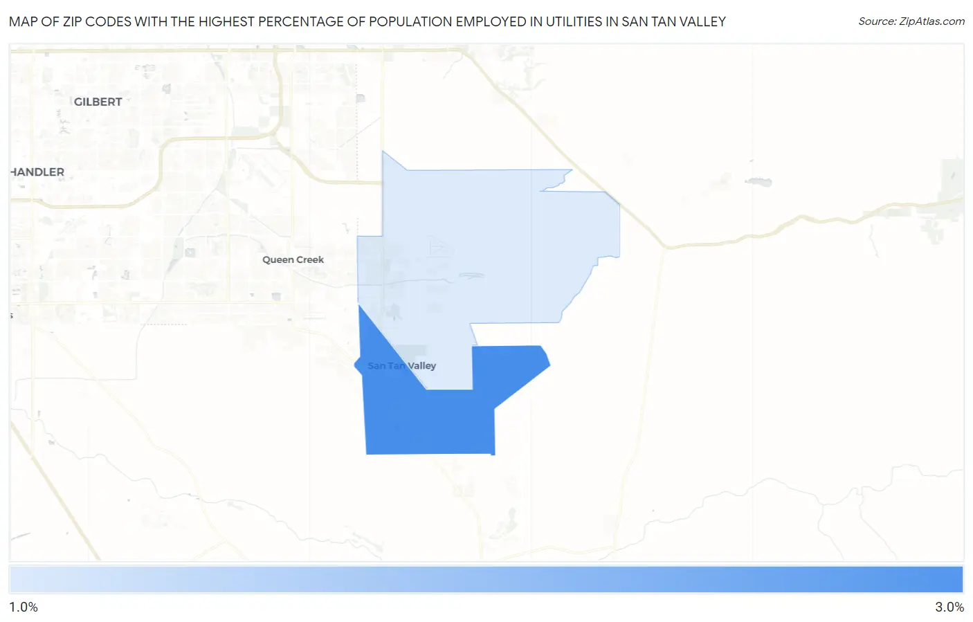 Zip Codes with the Highest Percentage of Population Employed in Utilities in San Tan Valley Map