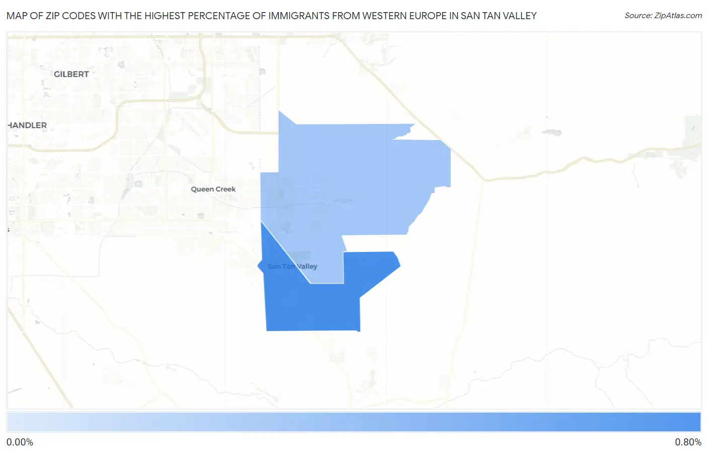 Zip Codes with the Highest Percentage of Immigrants from Western Europe in San Tan Valley Map