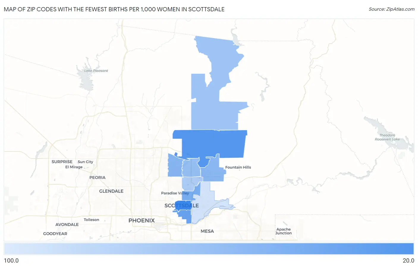 Zip Codes with the Fewest Births per 1,000 Women in Scottsdale Map