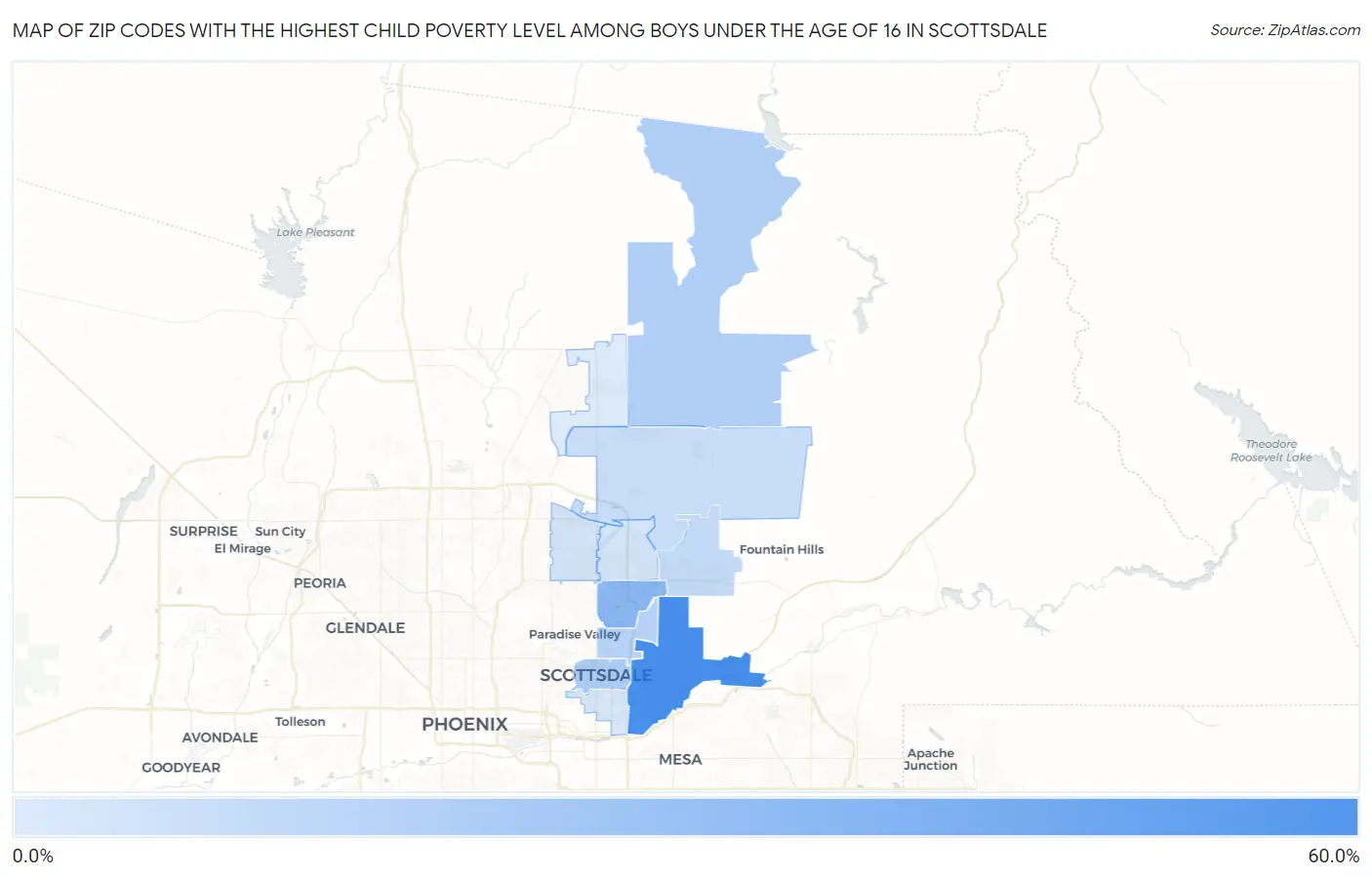 Zip Codes with the Highest Child Poverty Level Among Boys Under the Age of 16 in Scottsdale Map