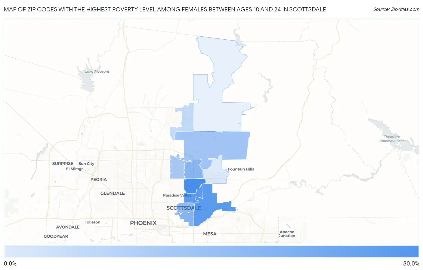 Zip Codes with the Highest Poverty Level Among Females Between Ages 18 and 24 in Scottsdale Map