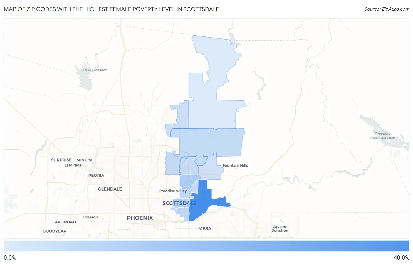 Zip Codes with the Highest Female Poverty Level in Scottsdale Map