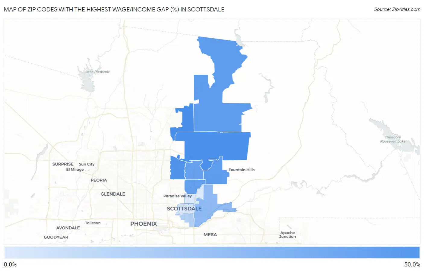 Zip Codes with the Highest Wage/Income Gap (%) in Scottsdale Map