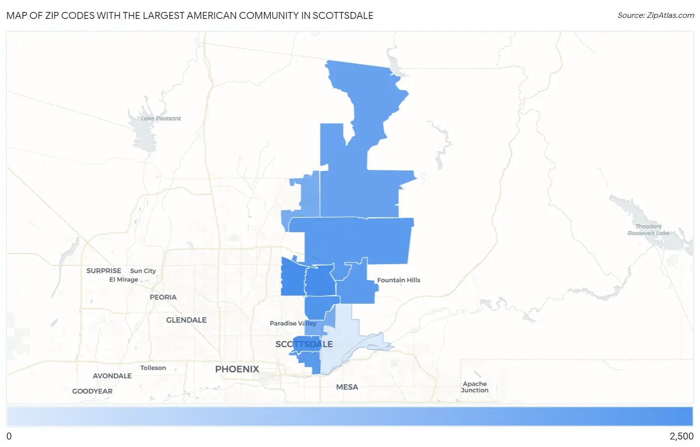 Zip Codes with the Largest American Community in Scottsdale Map
