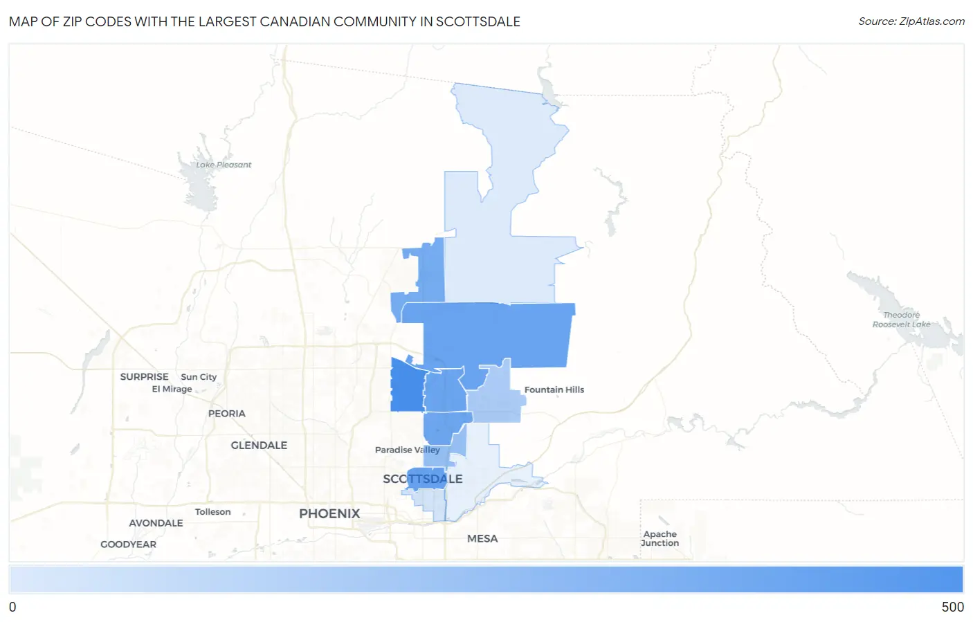 Zip Codes with the Largest Canadian Community in Scottsdale Map