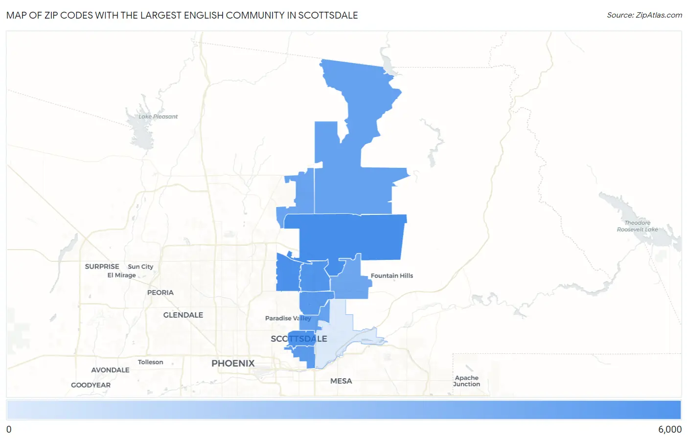Zip Codes with the Largest English Community in Scottsdale Map
