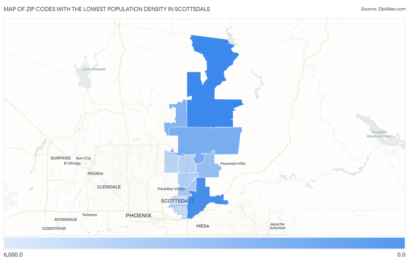 Zip Codes with the Lowest Population Density in Scottsdale Map