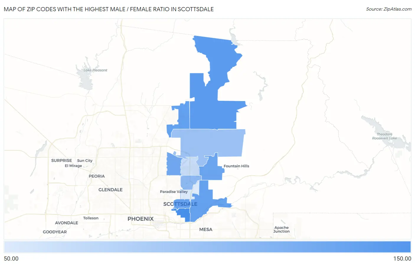 Zip Codes with the Highest Male / Female Ratio in Scottsdale Map