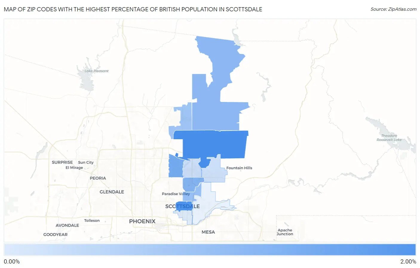 Zip Codes with the Highest Percentage of British Population in Scottsdale Map