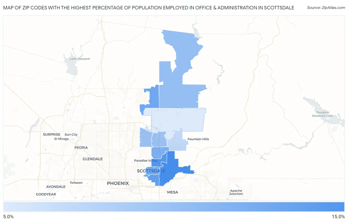 Zip Codes with the Highest Percentage of Population Employed in Office & Administration in Scottsdale Map