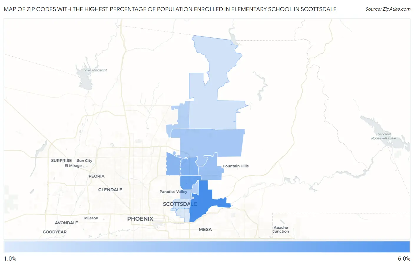 Zip Codes with the Highest Percentage of Population Enrolled in Elementary School in Scottsdale Map