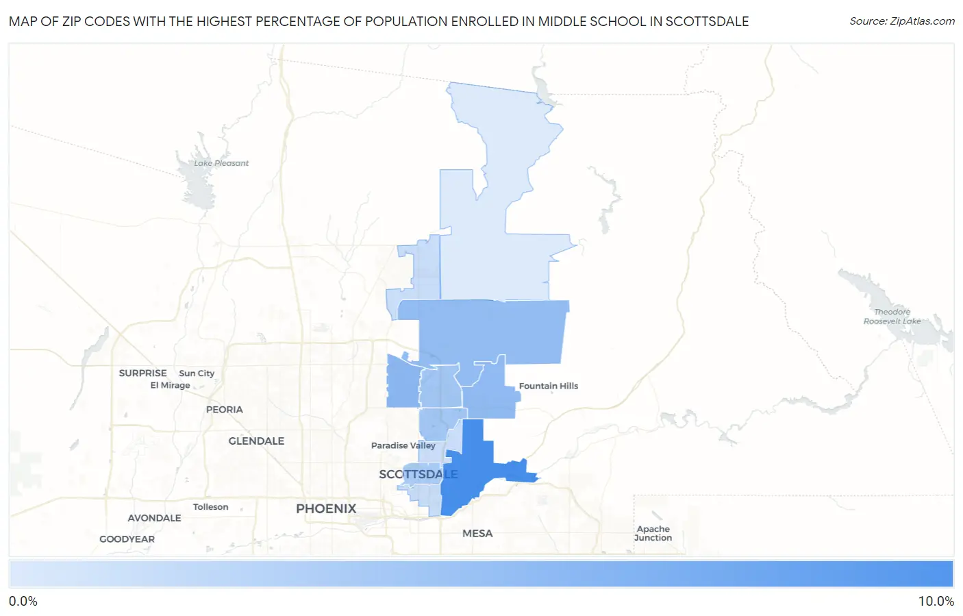Zip Codes with the Highest Percentage of Population Enrolled in Middle School in Scottsdale Map