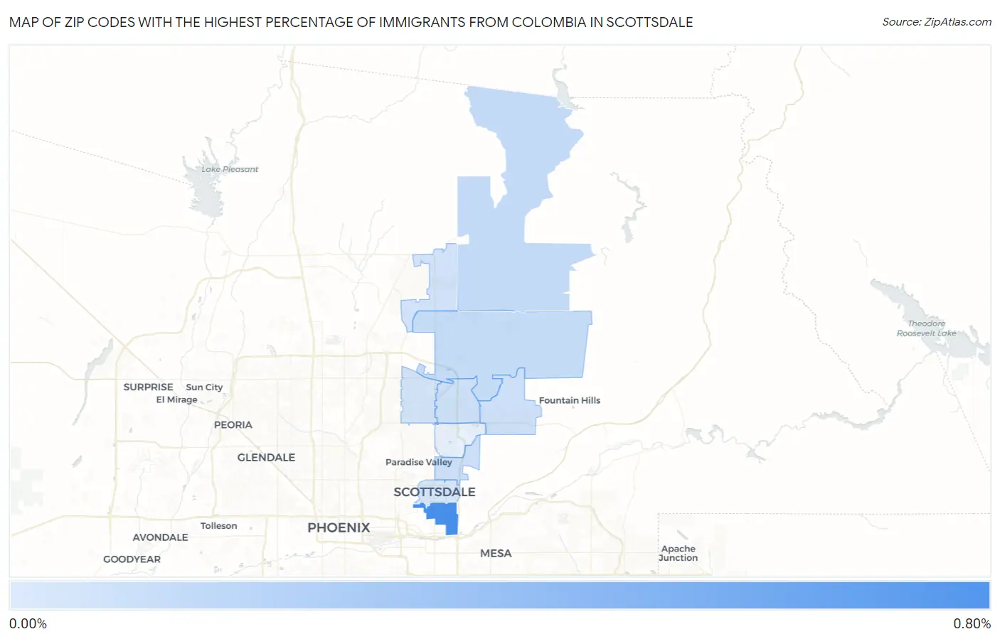 Zip Codes with the Highest Percentage of Immigrants from Colombia in Scottsdale Map