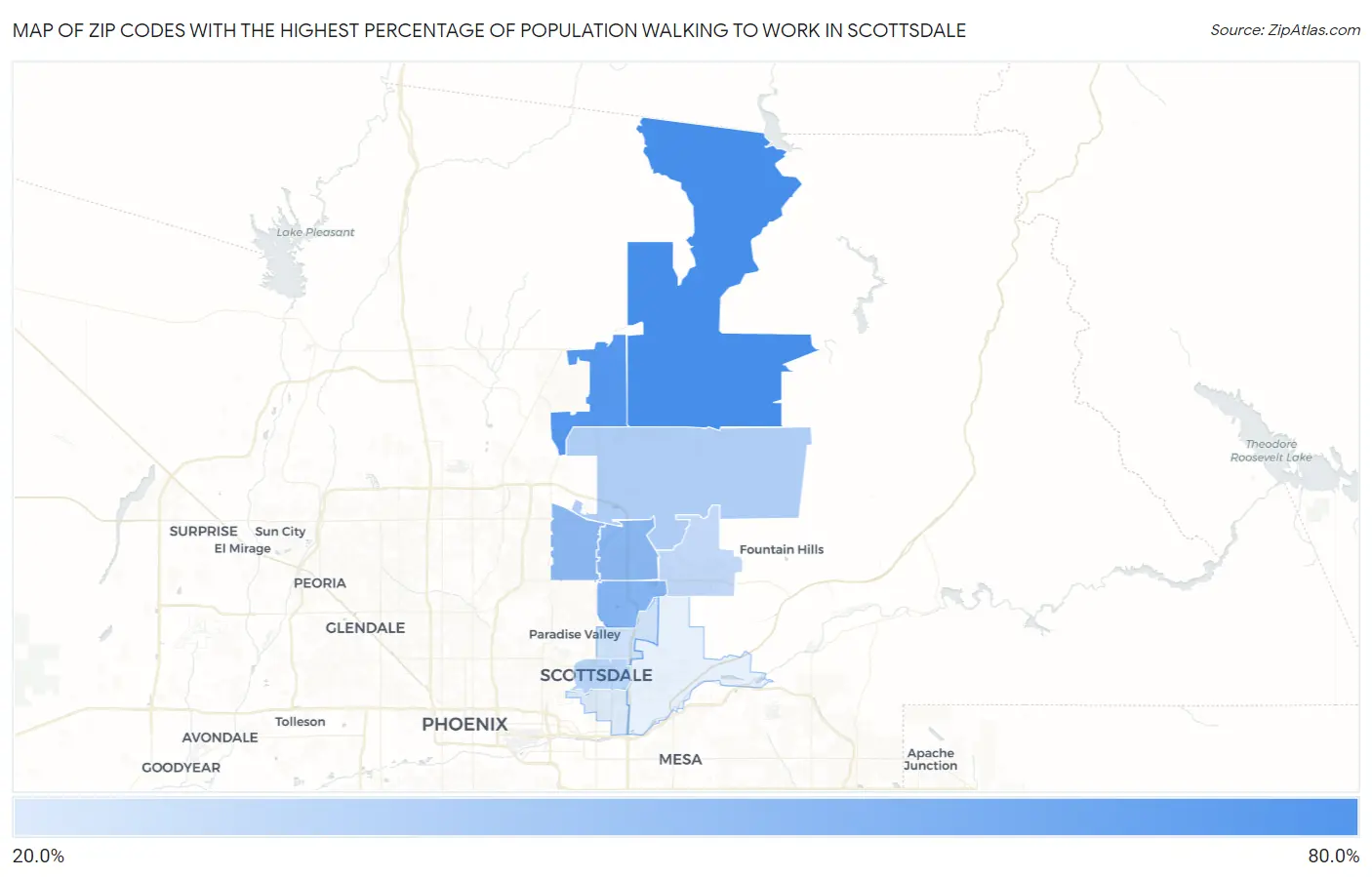 Zip Codes with the Highest Percentage of Population Walking to Work in Scottsdale Map
