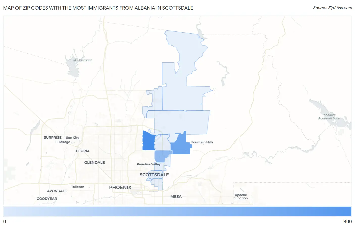 Zip Codes with the Most Immigrants from Albania in Scottsdale Map