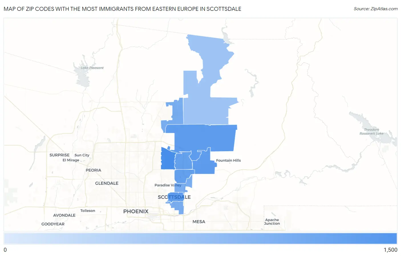 Zip Codes with the Most Immigrants from Eastern Europe in Scottsdale Map