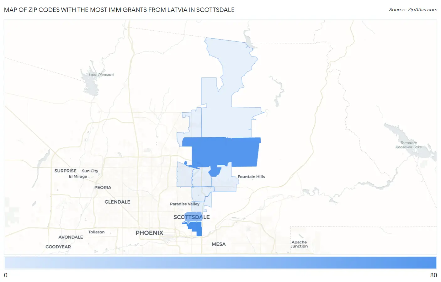 Zip Codes with the Most Immigrants from Latvia in Scottsdale Map
