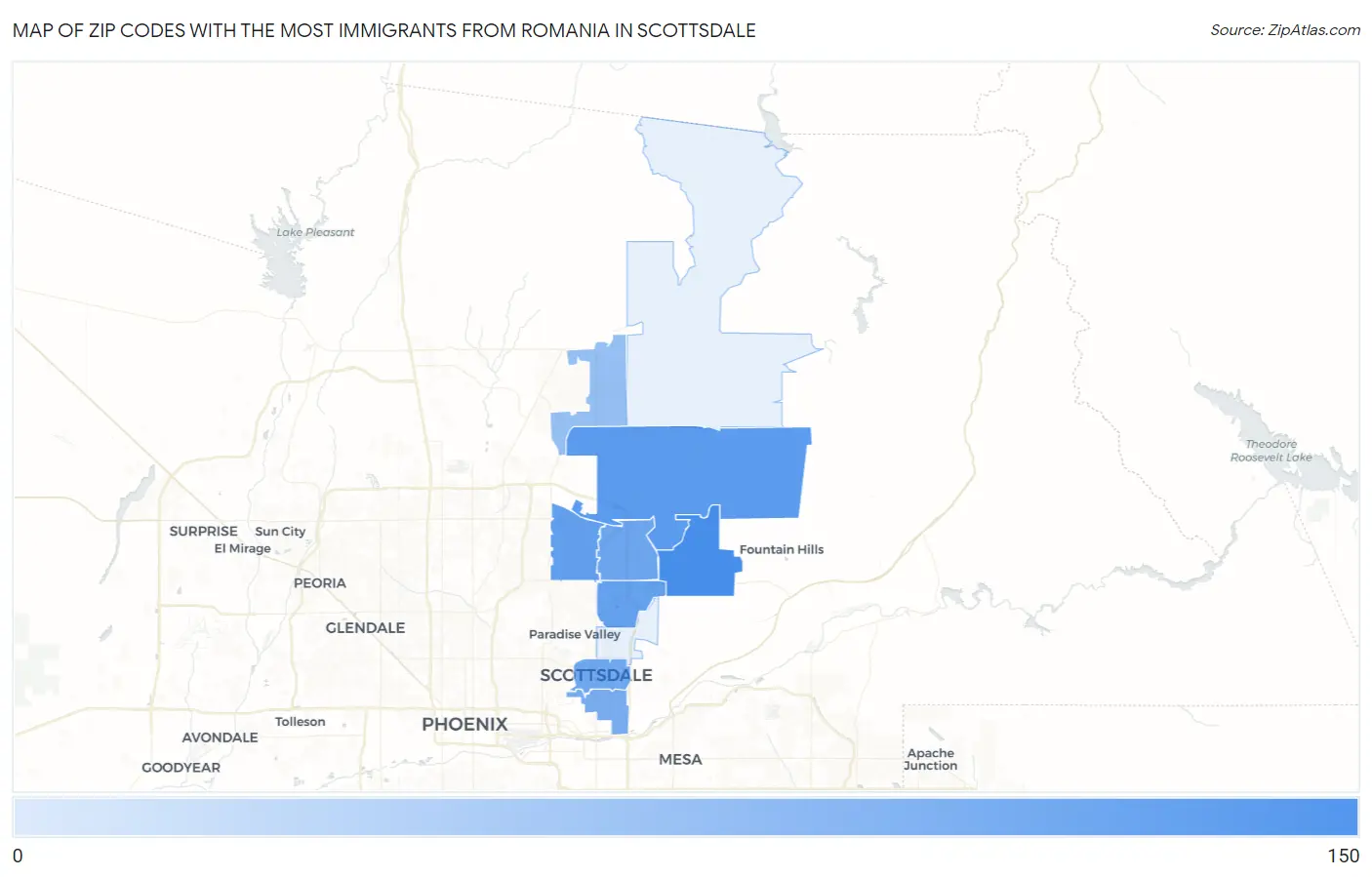 Zip Codes with the Most Immigrants from Romania in Scottsdale Map