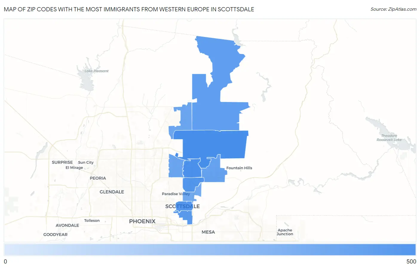 Zip Codes with the Most Immigrants from Western Europe in Scottsdale Map