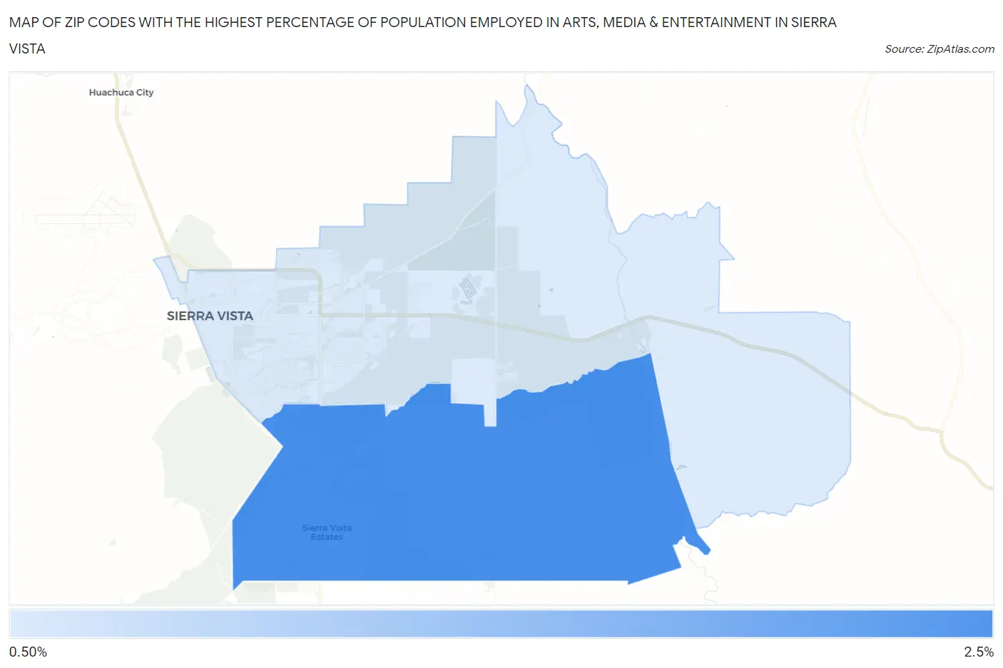 Zip Codes with the Highest Percentage of Population Employed in Arts, Media & Entertainment in Sierra Vista Map