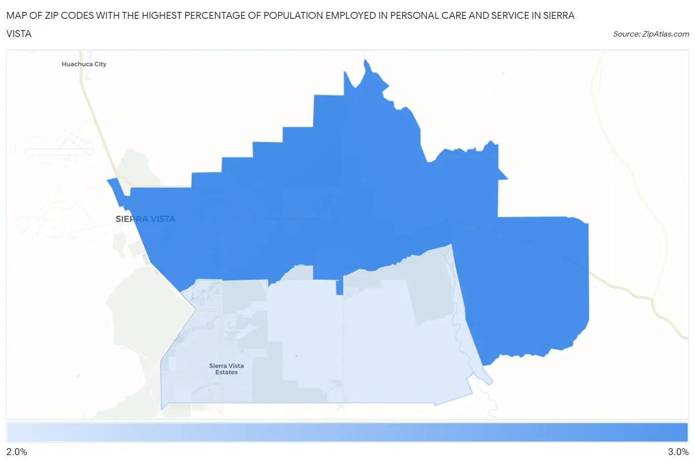Zip Codes with the Highest Percentage of Population Employed in Personal Care and Service in Sierra Vista Map