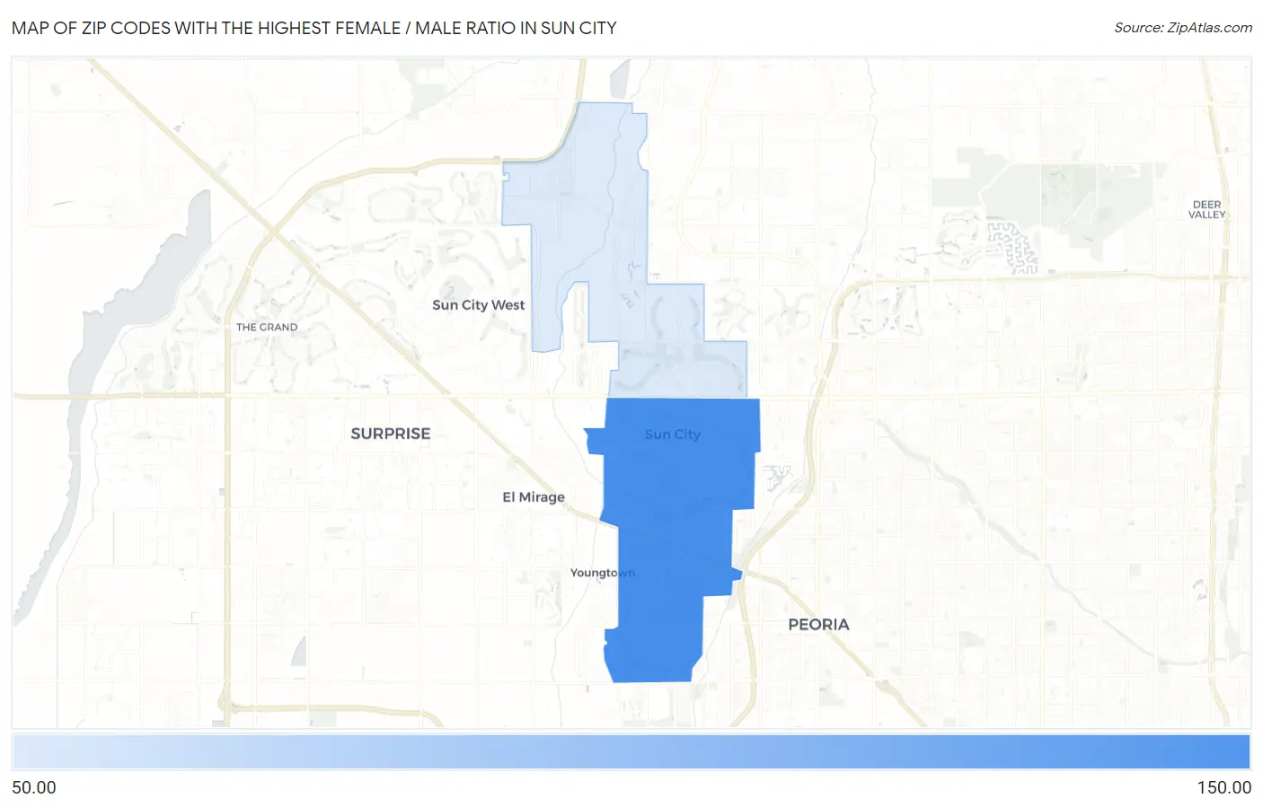 Zip Codes with the Highest Female / Male Ratio in Sun City Map