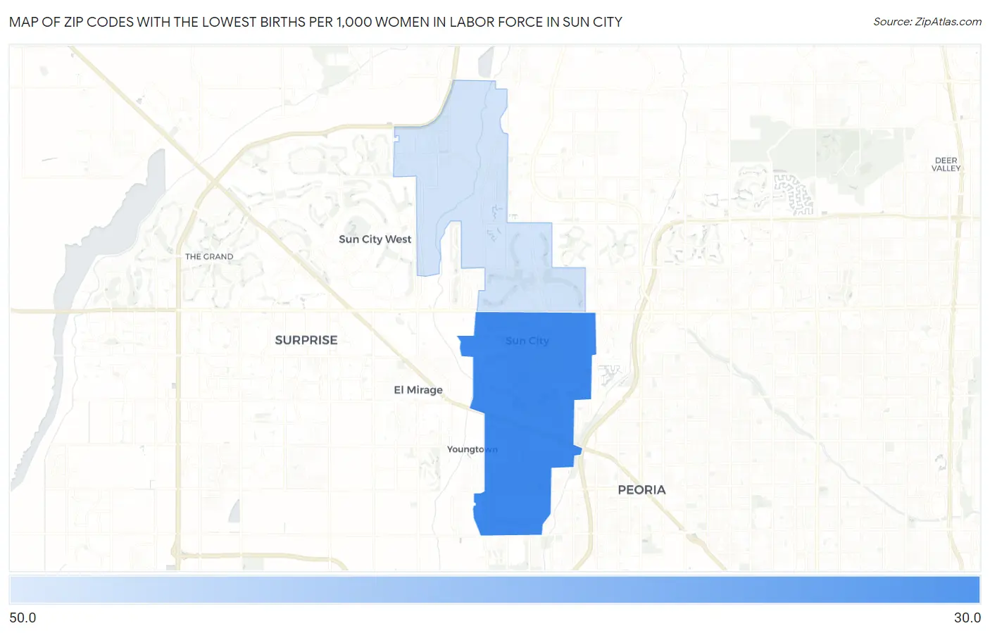 Zip Codes with the Lowest Births per 1,000 Women in Labor Force in Sun City Map