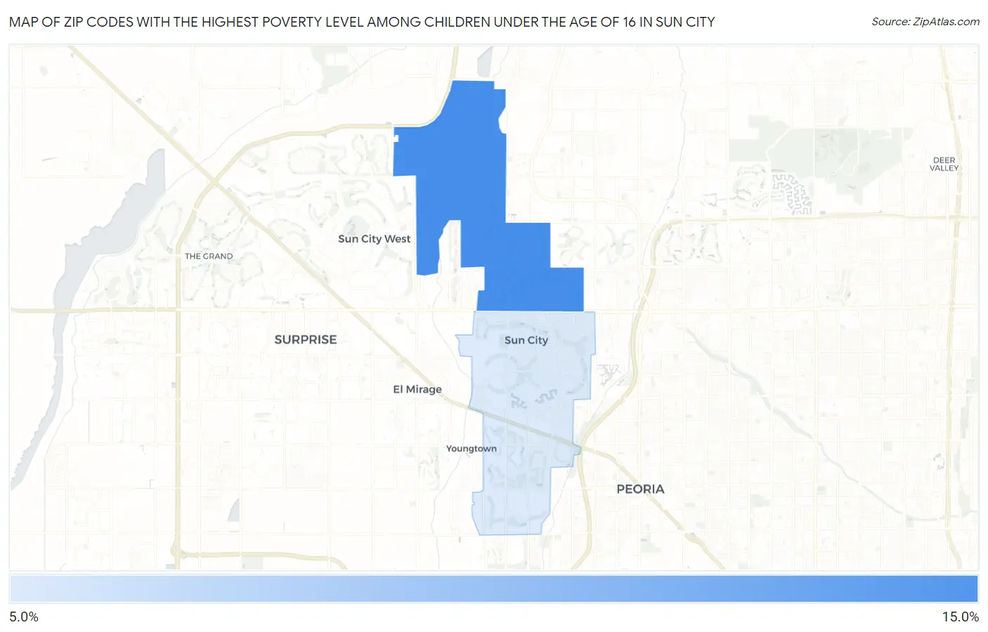 Zip Codes with the Highest Poverty Level Among Children Under the Age of 16 in Sun City Map