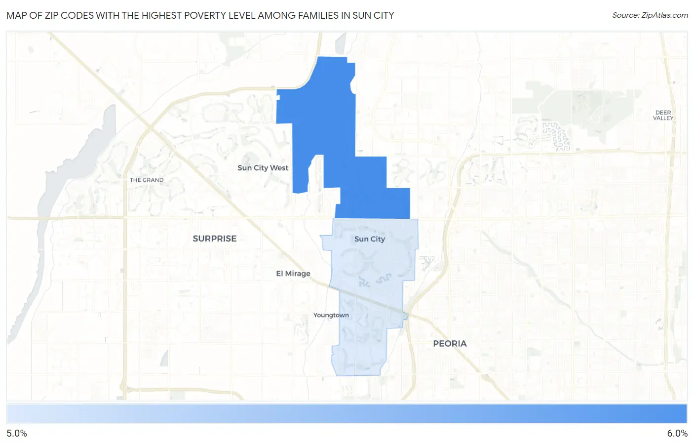 Zip Codes with the Highest Poverty Level Among Families in Sun City Map