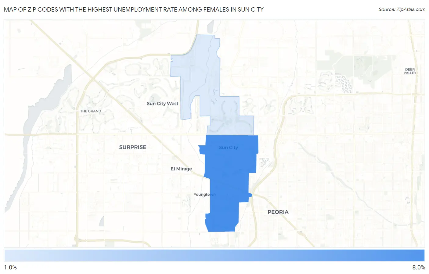 Zip Codes with the Highest Unemployment Rate Among Females in Sun City Map