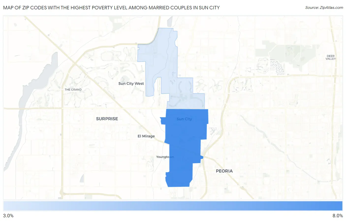Zip Codes with the Highest Poverty Level Among Married Couples in Sun City Map