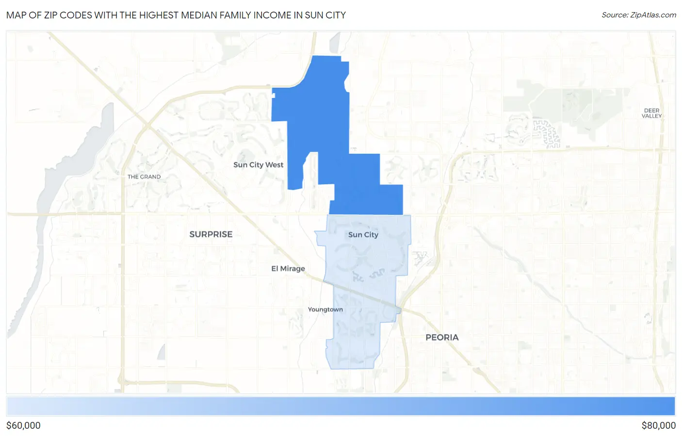 Zip Codes with the Highest Median Family Income in Sun City Map