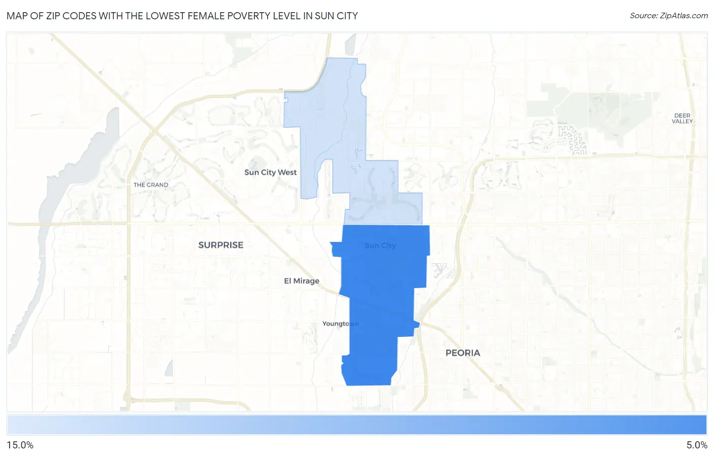 Zip Codes with the Lowest Female Poverty Level in Sun City Map