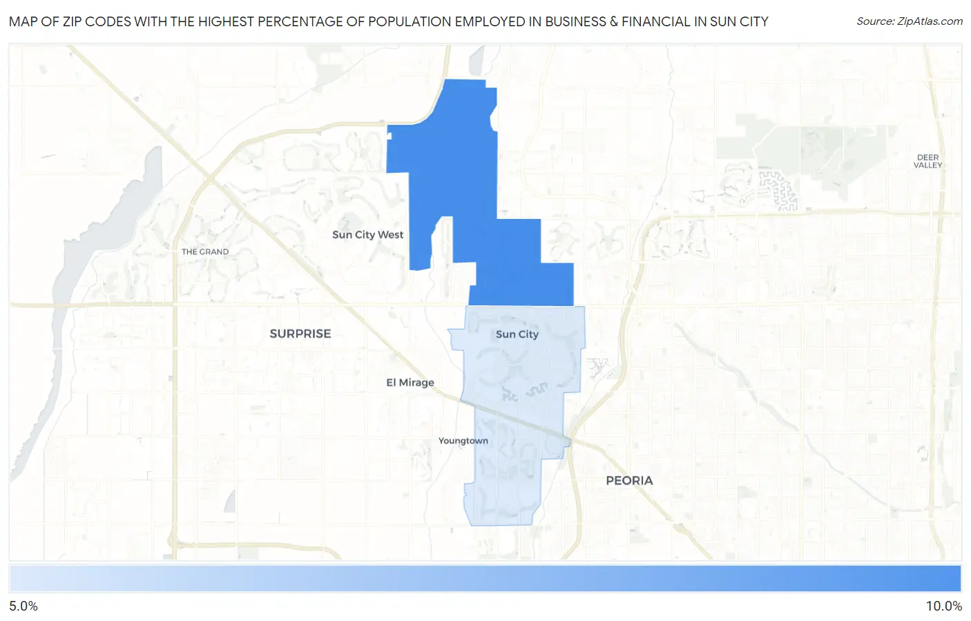 Zip Codes with the Highest Percentage of Population Employed in Business & Financial in Sun City Map