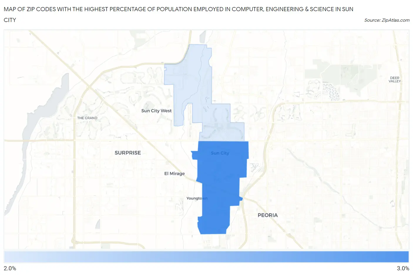 Zip Codes with the Highest Percentage of Population Employed in Computer, Engineering & Science in Sun City Map