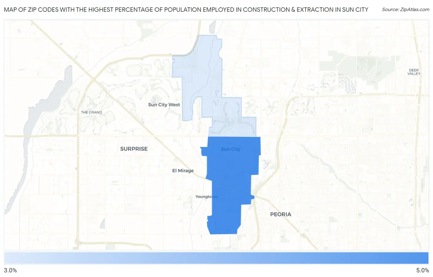 Zip Codes with the Highest Percentage of Population Employed in Construction & Extraction in Sun City Map
