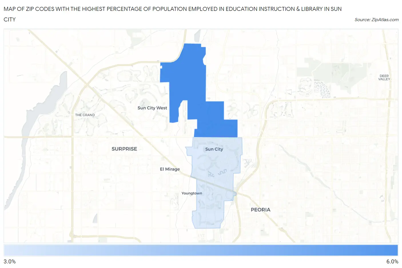 Zip Codes with the Highest Percentage of Population Employed in Education Instruction & Library in Sun City Map