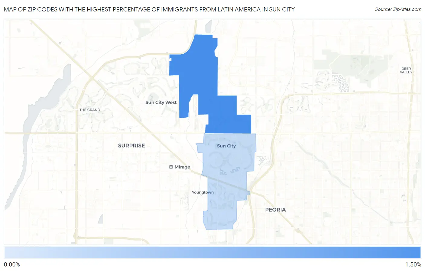 Zip Codes with the Highest Percentage of Immigrants from Latin America in Sun City Map