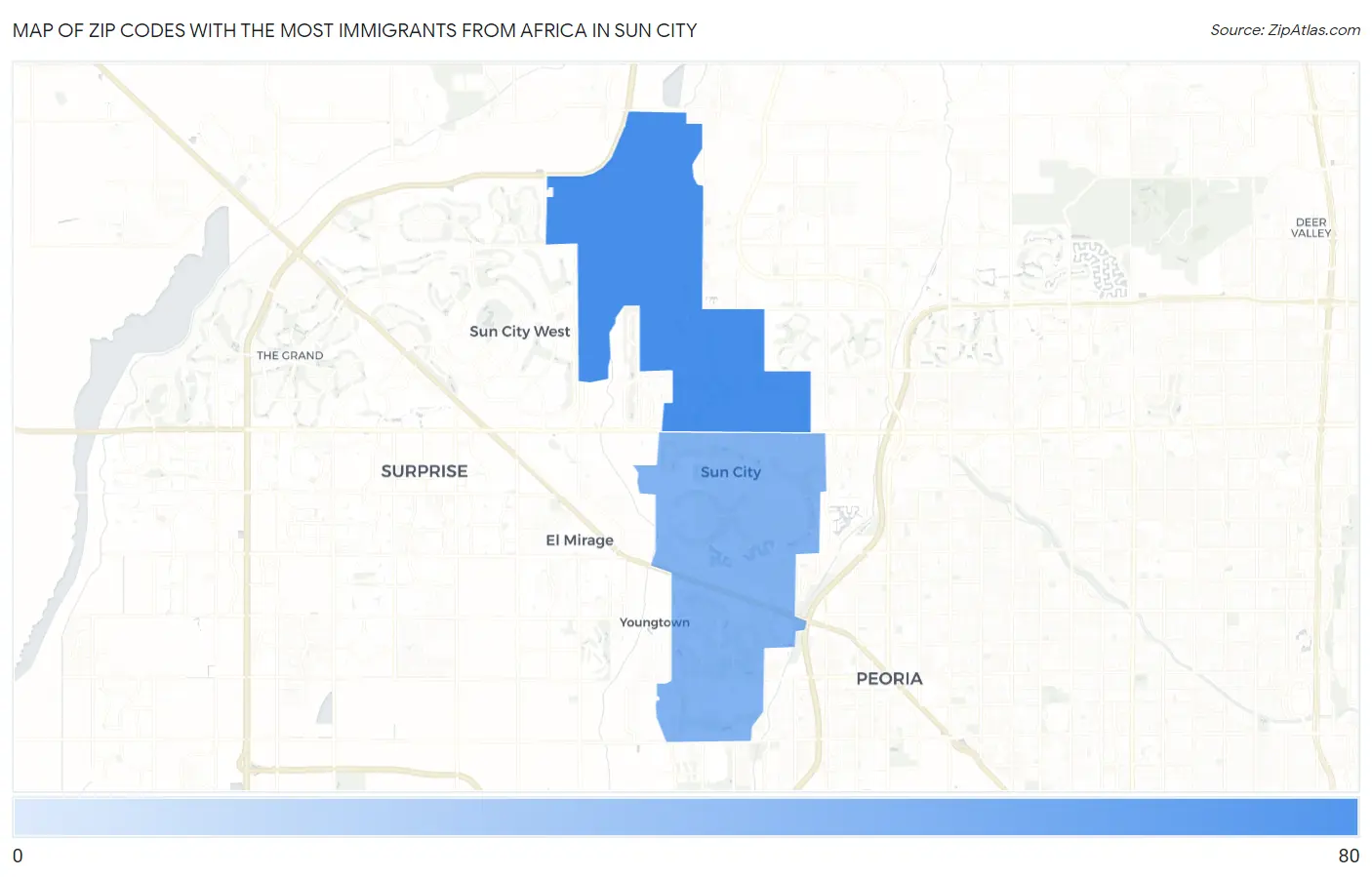 Zip Codes with the Most Immigrants from Africa in Sun City Map