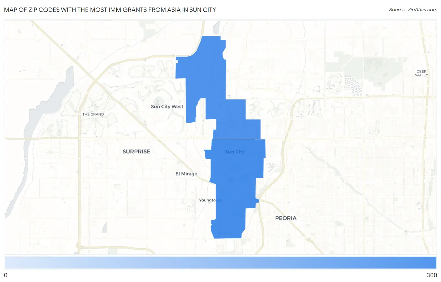 Zip Codes with the Most Immigrants from Asia in Sun City Map