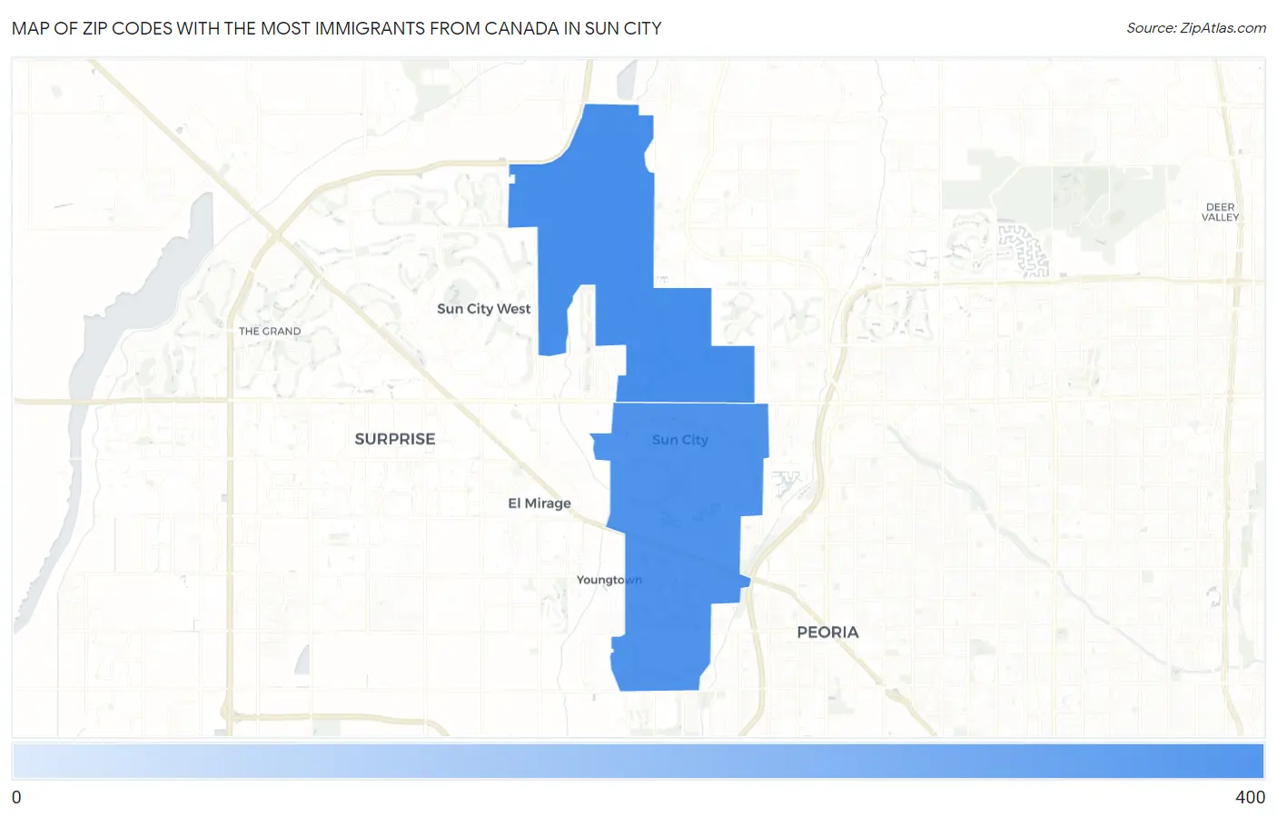 Zip Codes with the Most Immigrants from Canada in Sun City Map