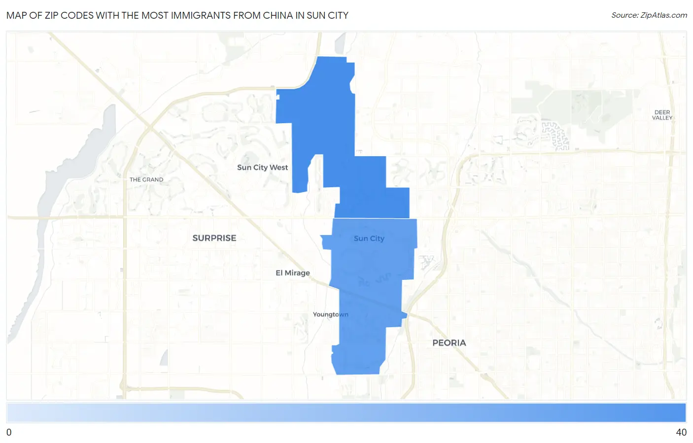 Zip Codes with the Most Immigrants from China in Sun City Map