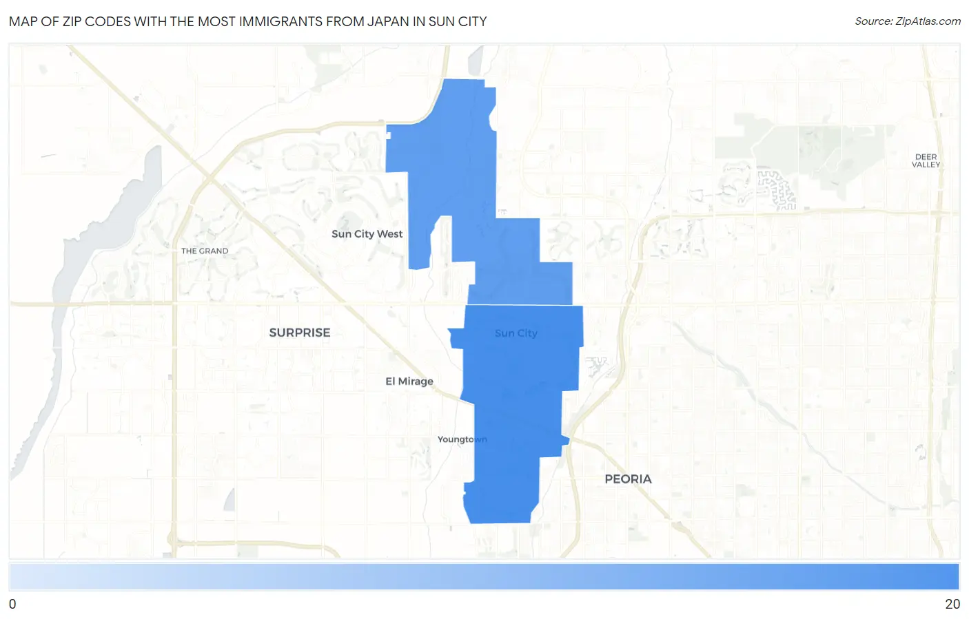 Zip Codes with the Most Immigrants from Japan in Sun City Map