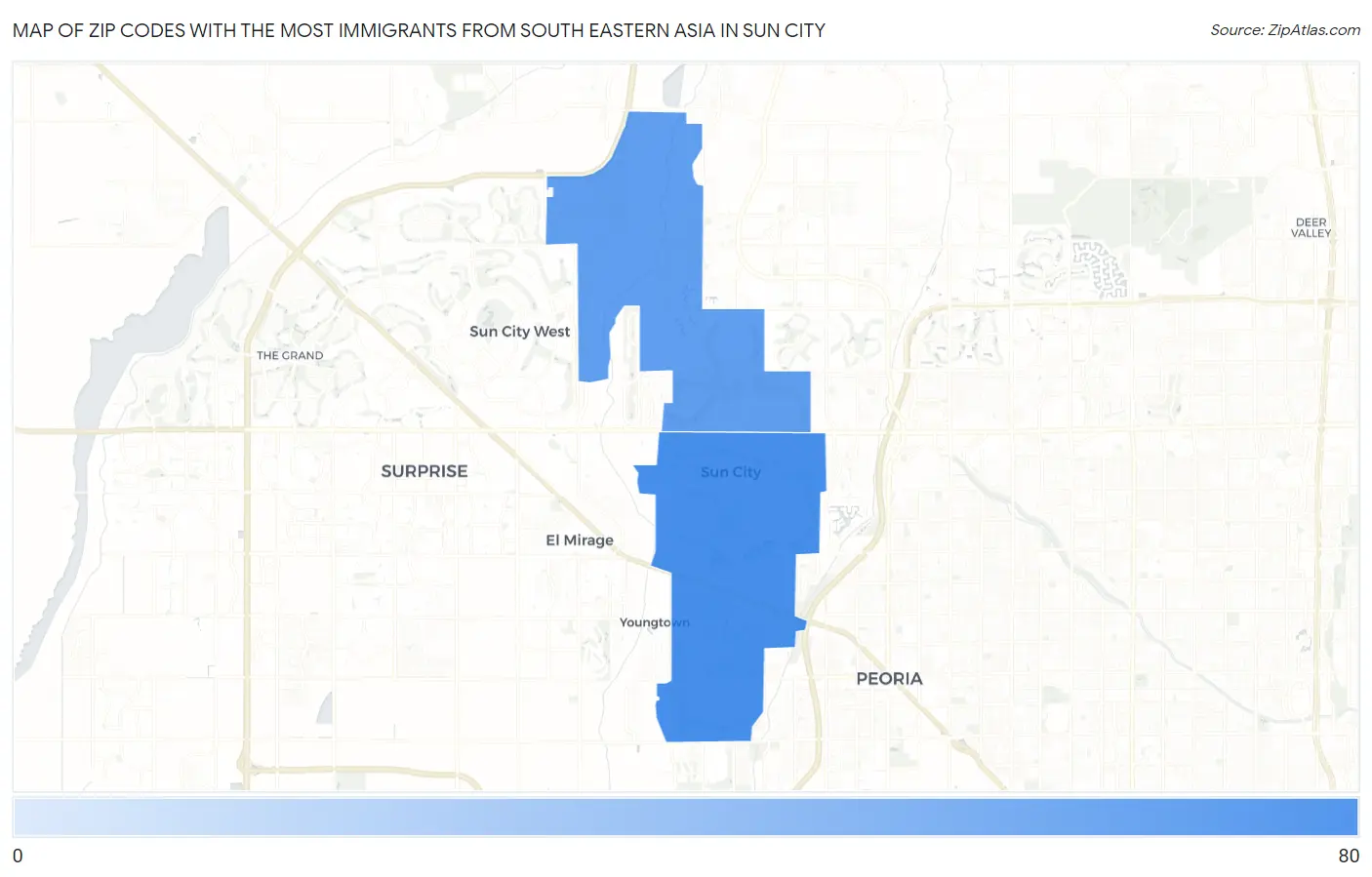 Zip Codes with the Most Immigrants from South Eastern Asia in Sun City Map
