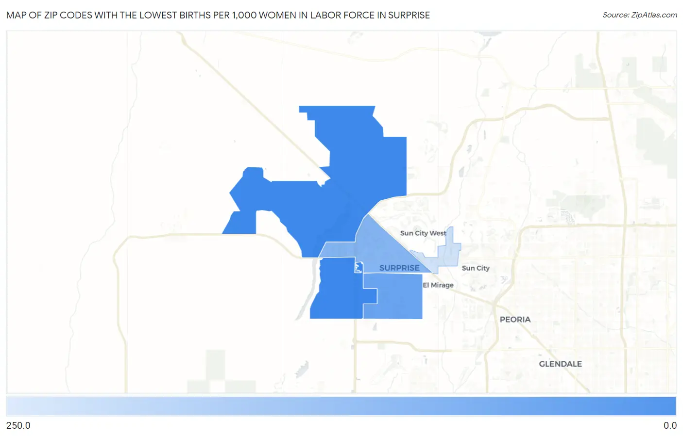 Zip Codes with the Lowest Births per 1,000 Women in Labor Force in Surprise Map